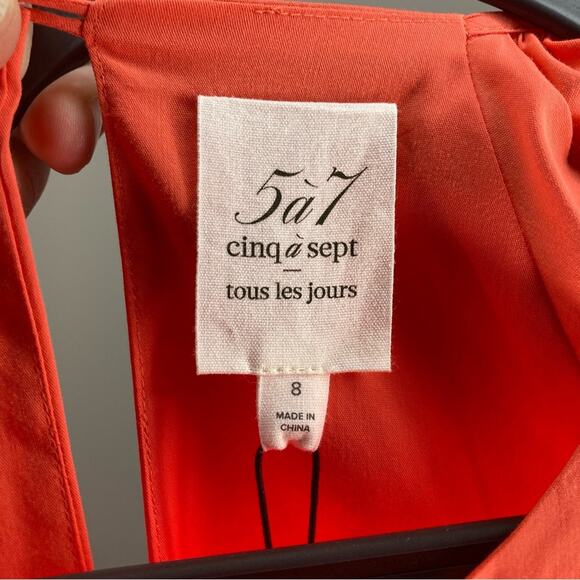 NWT CINQ A SEPT Lynn Dress Neon Coral Orange Ruffle Puff Sleeve Bow Tiered 8 - Picture 6 of 9